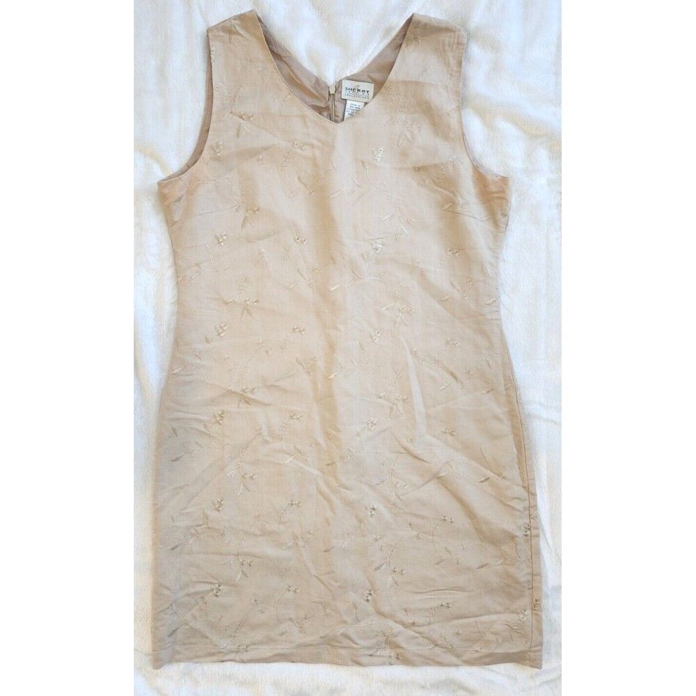 Sherry Taylor Beige Floral Embroidered Sleeveless Sheath Dress Women's Large